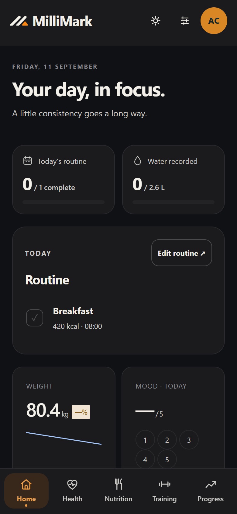 Example MilliMark Home on desktop, showing a planned session, nutrition log and recorded progress. Mobile view.