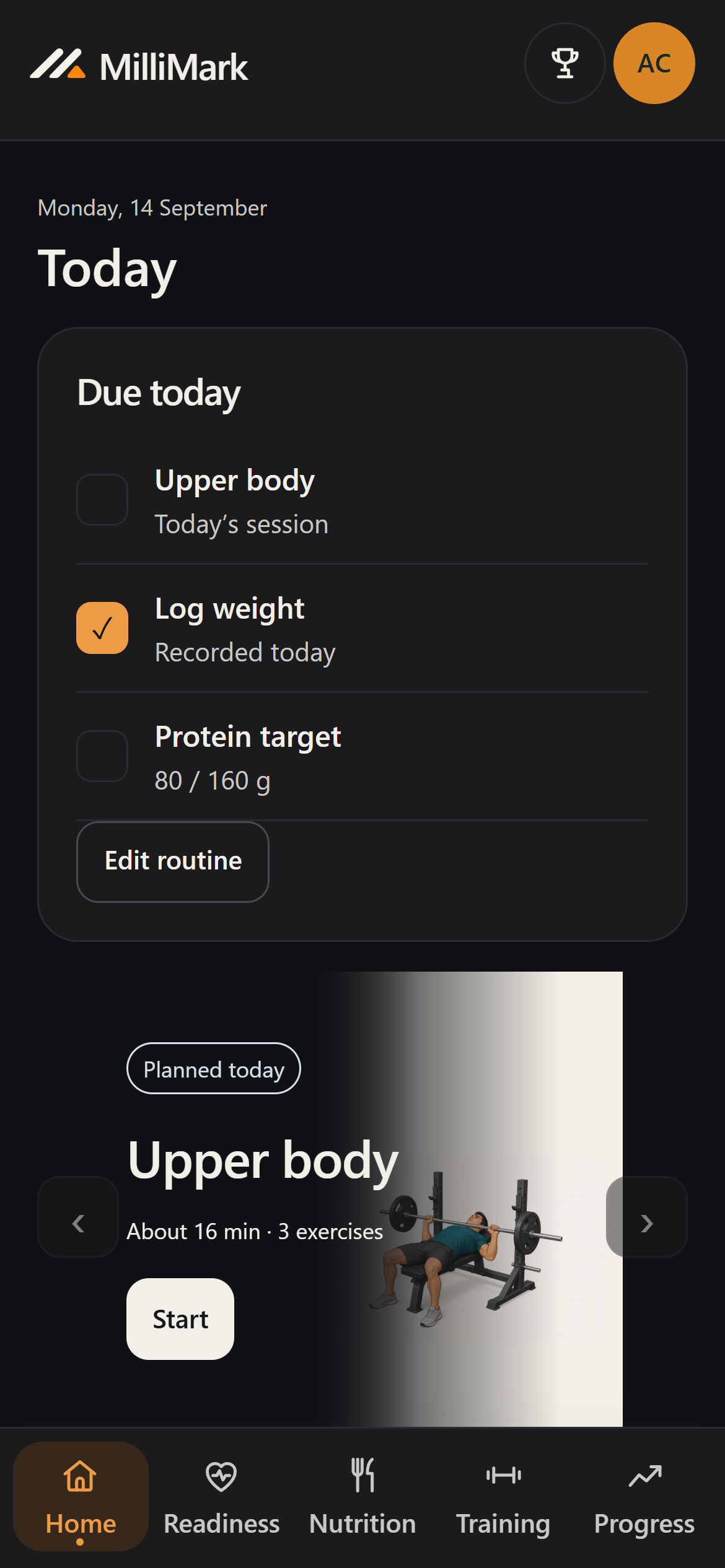 MilliMark home screen with synthetic example records