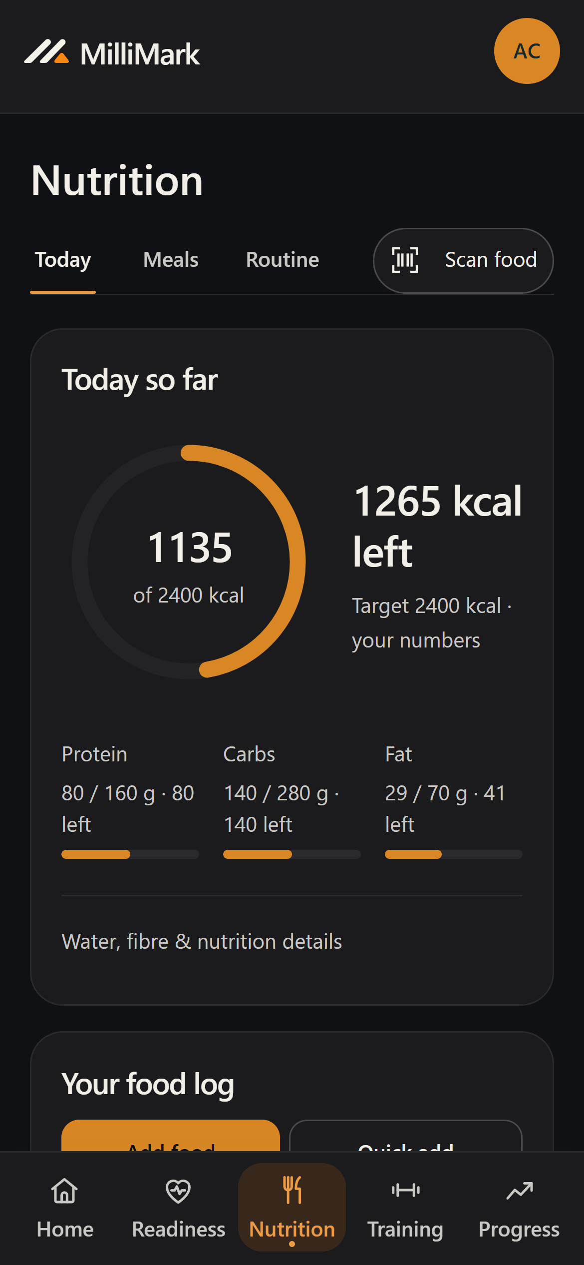 MilliMark nutrition screen with synthetic example records